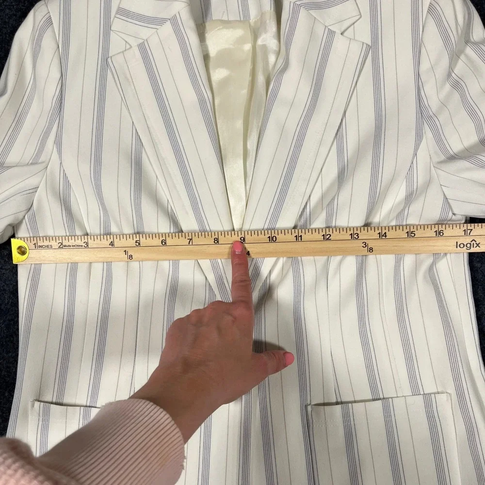Amanda Smith Womens Pinstripe Blazer Ivory‎ Navy Single Button Stretch Jacket 6
